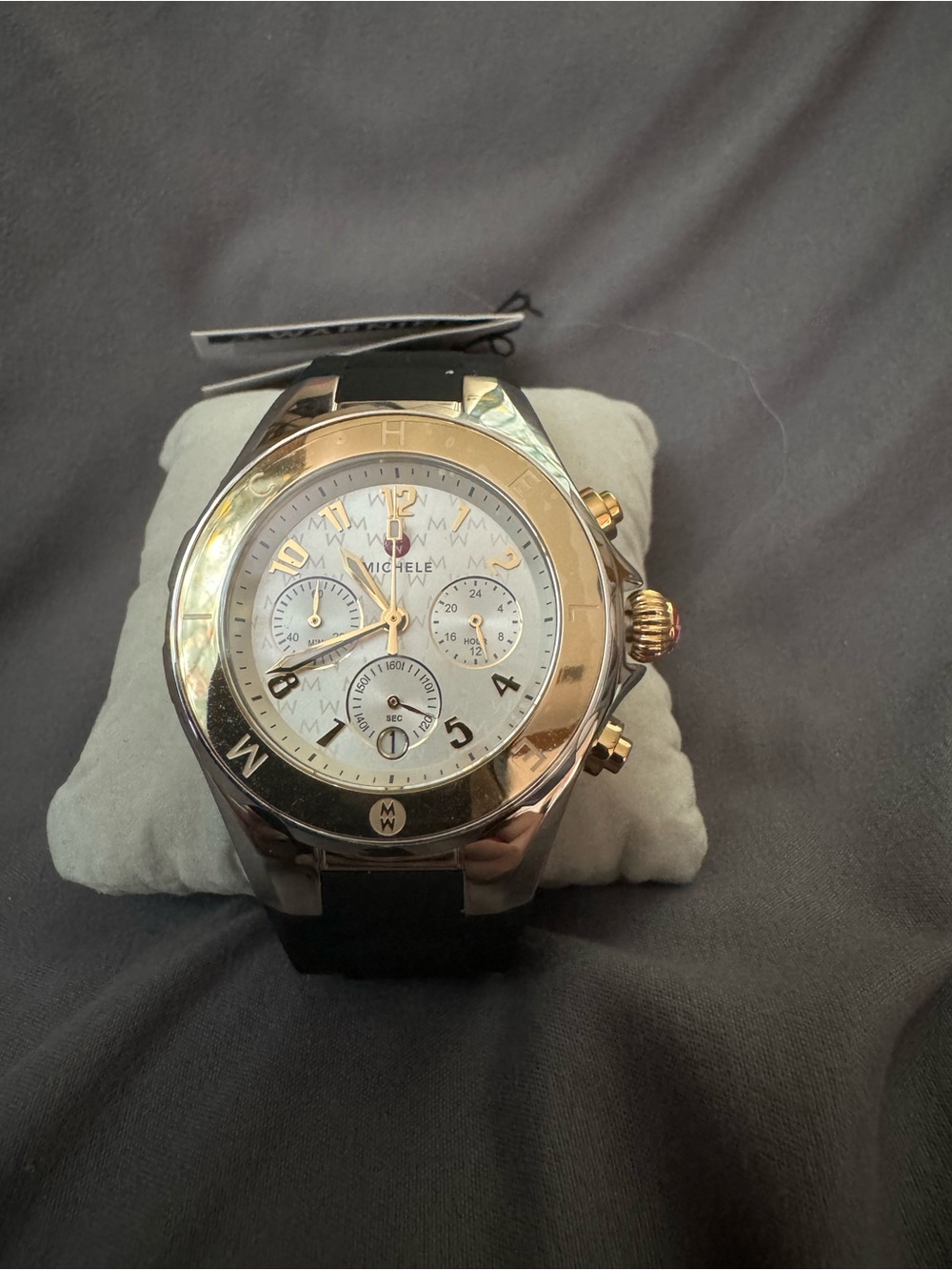 Michele Two-Tone Backcase Watch with Black Strap